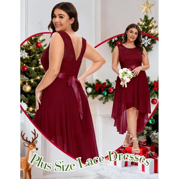 BeryLove Women Darkred Chiffon Scoop Neck Sleeveless Lace Cocktail Dress - Picture 4 of 7